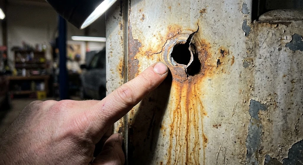 Finger pointing to a cracked, rusted hinge bolt hole on a thin steel garage door panel that lacks reinforcement