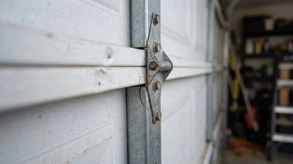 Close-up of a reinforcement strut and bracket mounted at a garage door hinge point to repair a stressed attachment area
