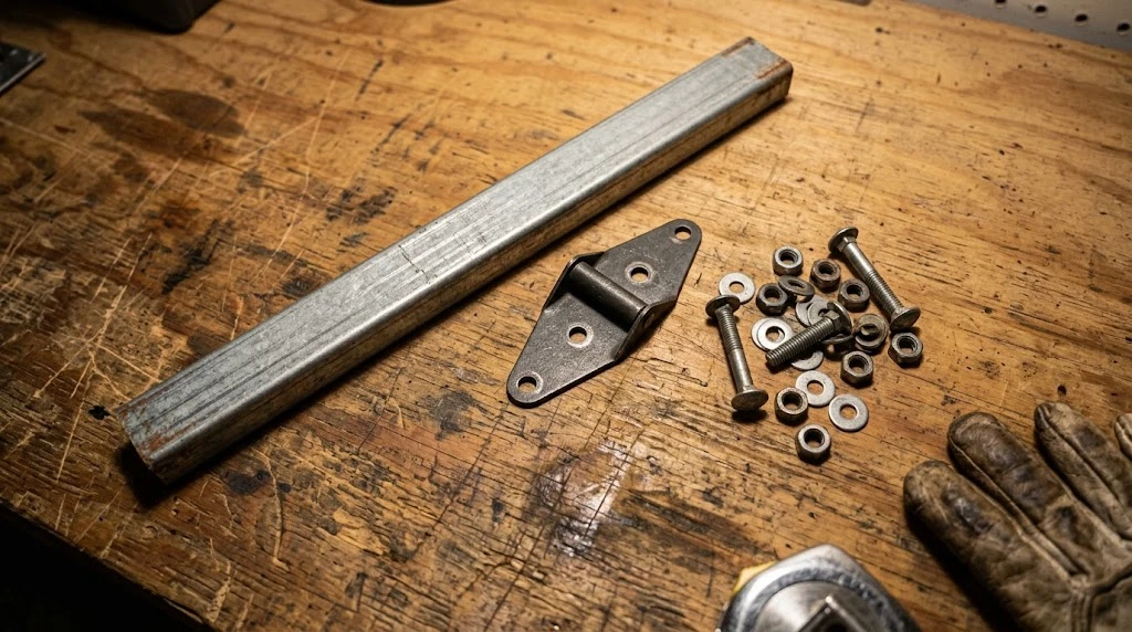 Garage door reinforcement strut, opener bracket, carriage bolts and gloves laid out on a workbench