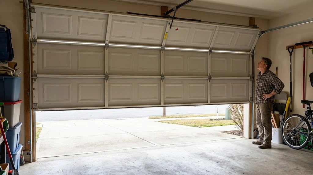How to Fix a Garage Door Sensor (All Brands, 2026) 4 Homeowner watching a garage door stop and reverse partway through closing