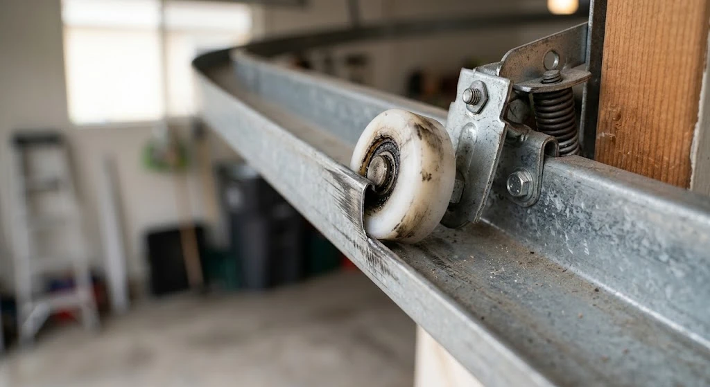 Garage door roller binding and misaligned on its track