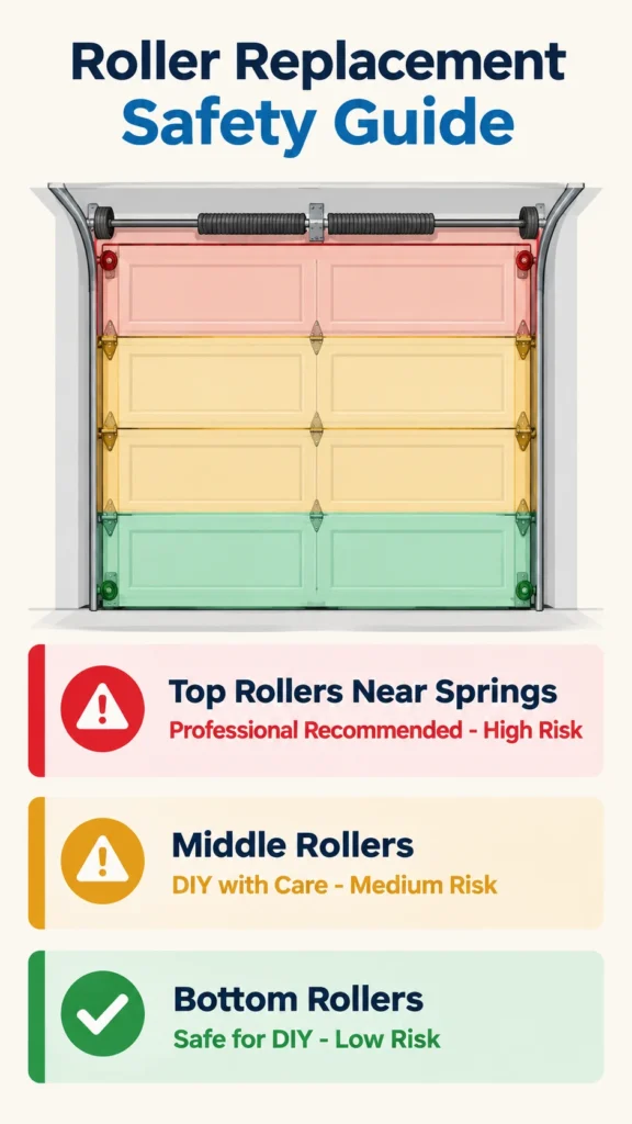 Infographic showing DIY safety risk levels for replacing bottom, middle, and top garage door rollers