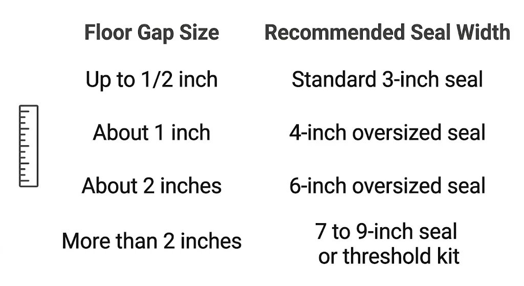 Best Garage Door Seal for an Uneven Floor (2026 Guide) 10 Infographic chart matching garage floor gap size to recommended seal width