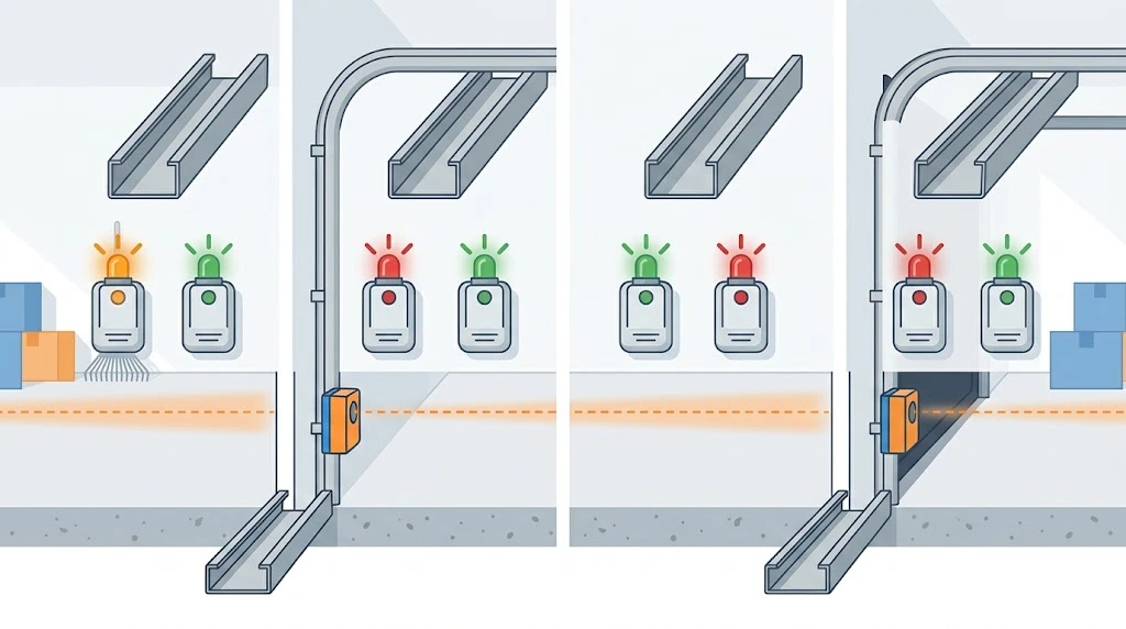 How to Fix a Garage Door Sensor (All Brands, 2026) 15 Side-by-side comparison of a working aligned sensor pair versus a misaligned faulty sensor pair
