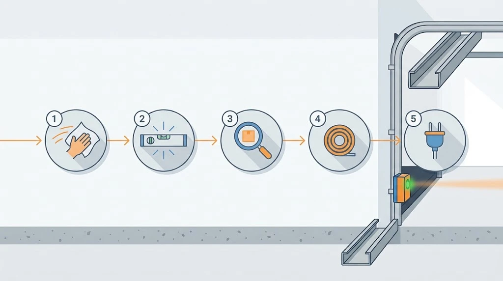 How to Fix a Garage Door Sensor (All Brands, 2026) 2 Five-step infographic showing how to clean, align, and reset a garage door sensor