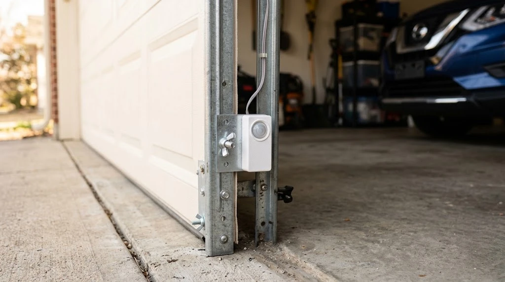 How to Fix a Garage Door Sensor (All Brands, 2026) 16 Garage door safety sensor mounted on the metal track beside a closed garage door