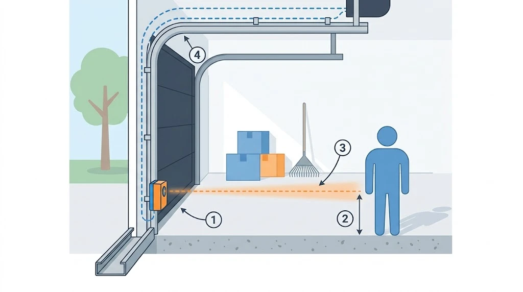 How to Fix a Garage Door Sensor (All Brands, 2026) 3 Cutaway diagram showing correct garage door sensor mounting height and infrared beam path