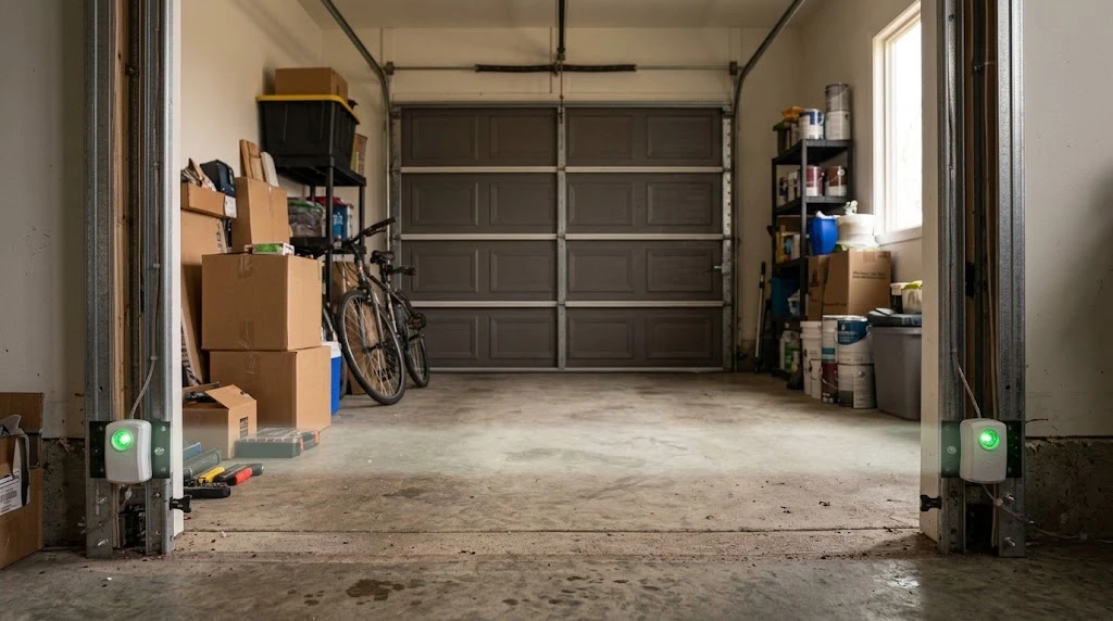How to Fix a Garage Door Sensor (All Brands, 2026) 18 Wide view of a home garage showing both safety sensors glowing steady green when aligned