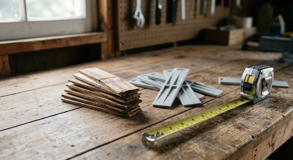 Wood and composite shims with a tape measure on a workbench