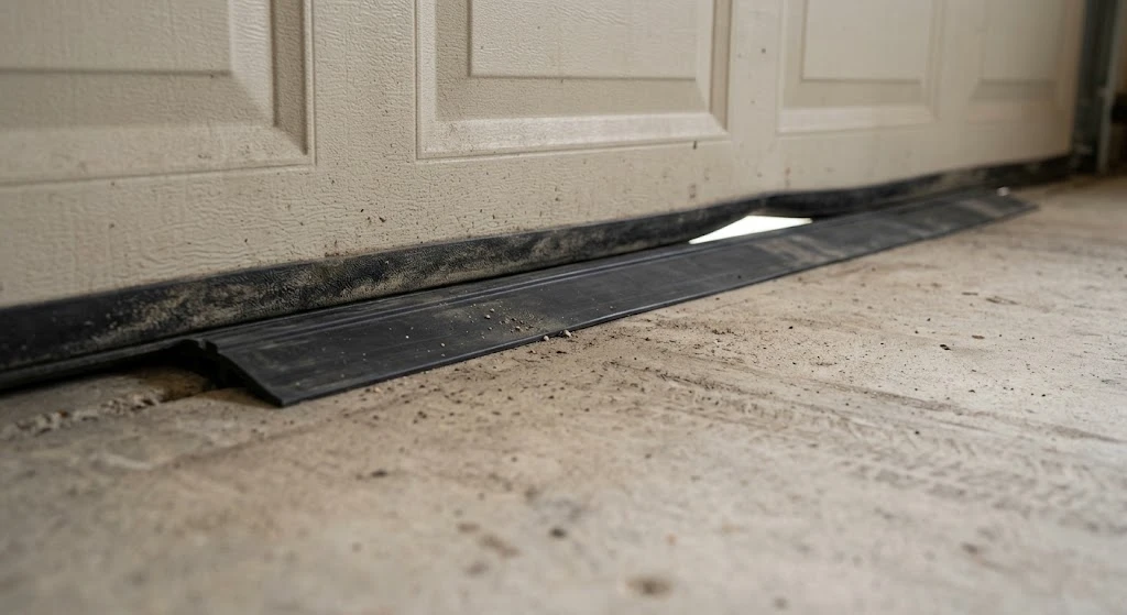 Best Garage Door Seal for an Uneven Floor (2026 Guide) 13 Black rubber threshold seal installed at the base of a garage door