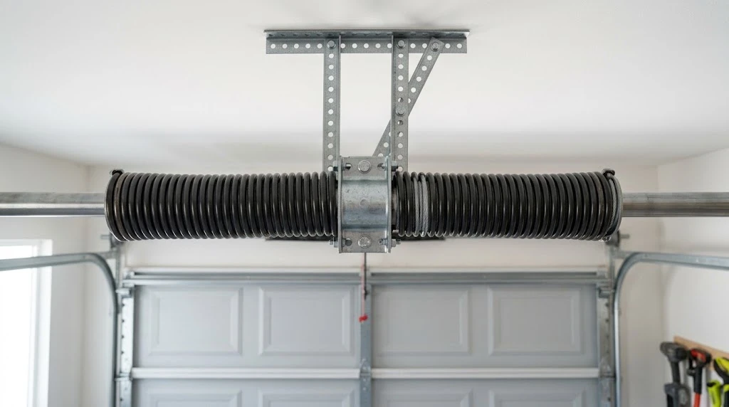 Garage door torsion spring assembly mounted on its shaft directly above the door
