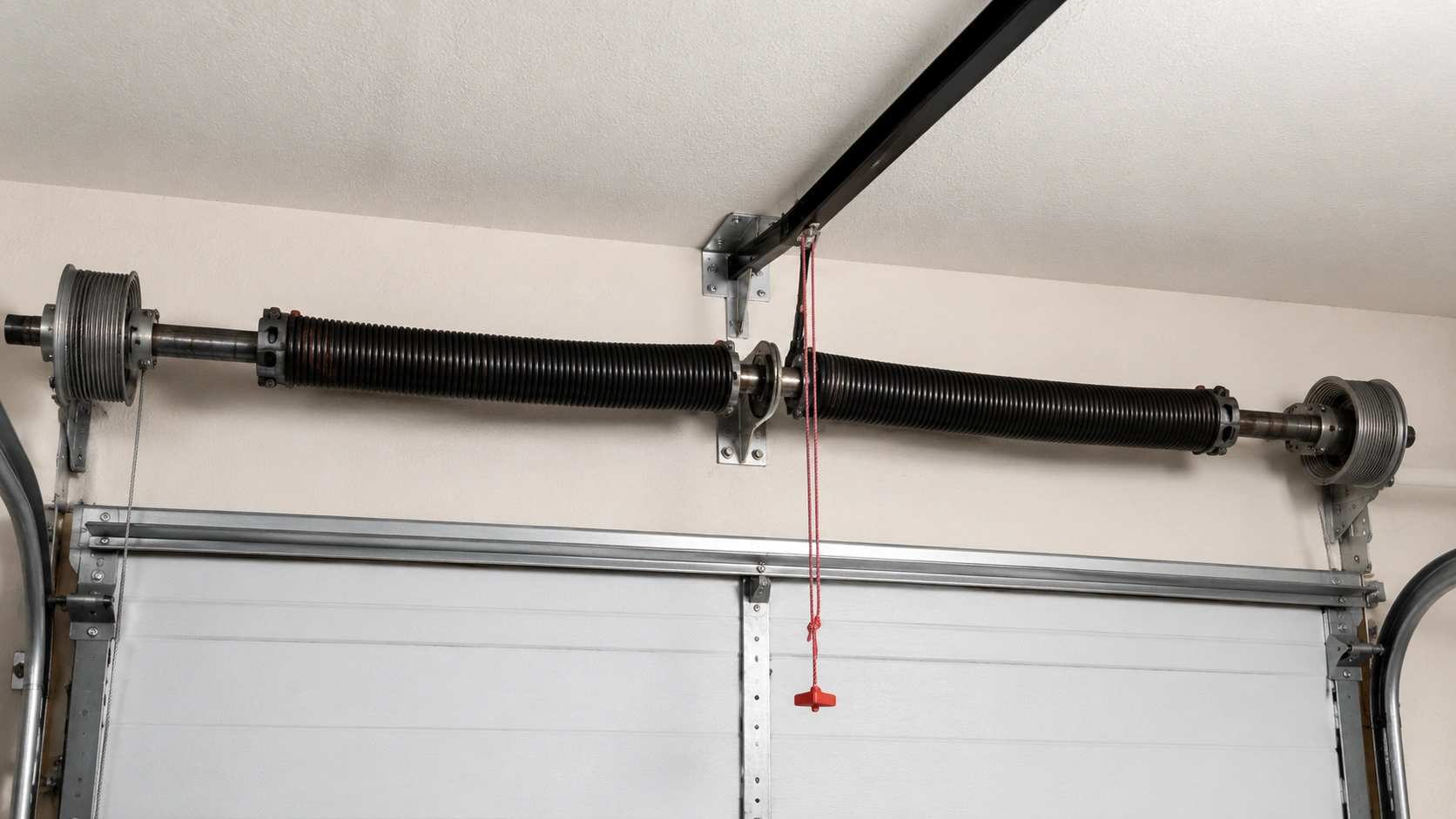 Torsion spring assembly mounted above a closed garage door showing the spring, shaft, and cable drums