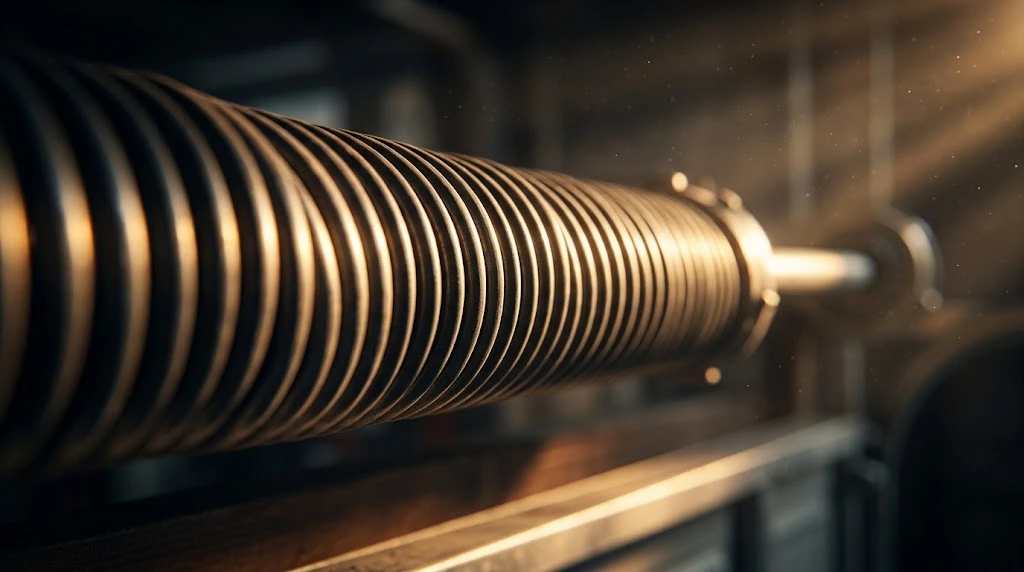 Best Garage Door Torsion Springs (2026 Picks by Cycle Life) 2 Close-up of garage door torsion spring coils lit by warm golden light showing wire texture