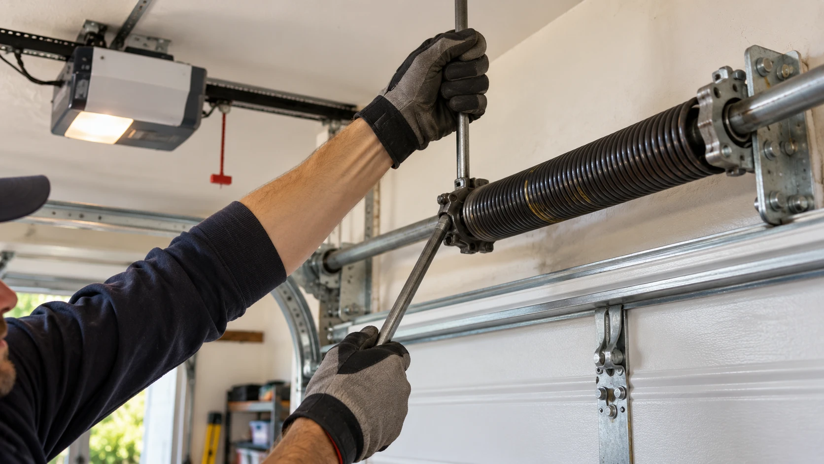 Technician in work gloves adjusting a garage door torsion spring with a winding bar