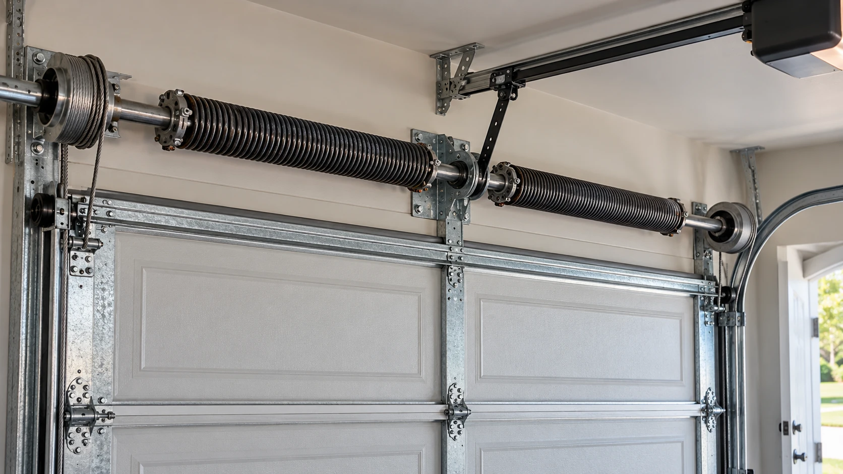 Torsion springs mounted on the shaft above a closed sectional garage door