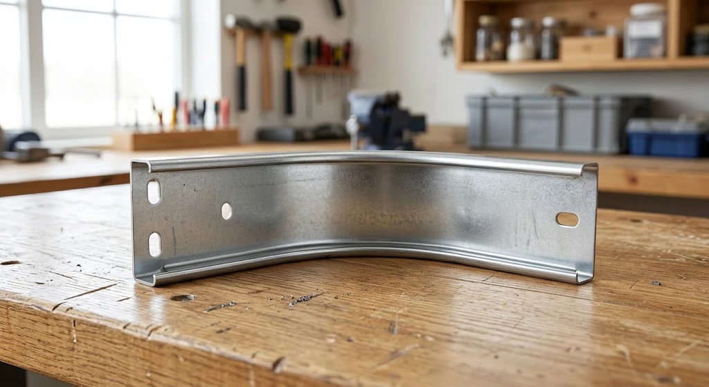 Single curved garage door track corner section on a workbench