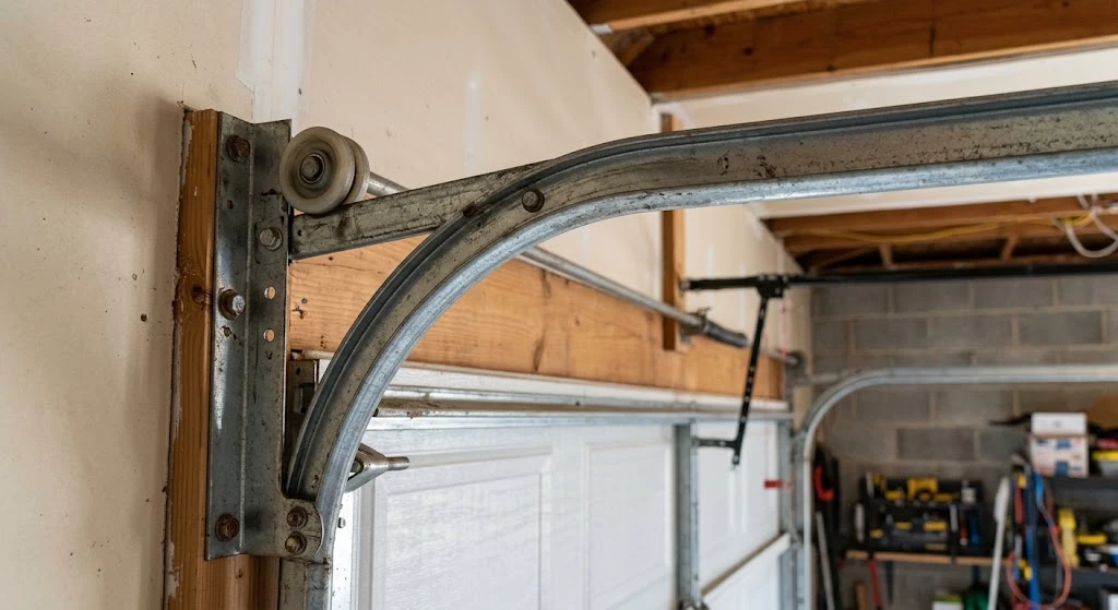 Garage door track corner showing vertical to horizontal transition
