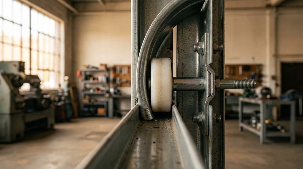 Garage door track showing the curved-to-vertical transition point where rollers can wear faster if misaligned