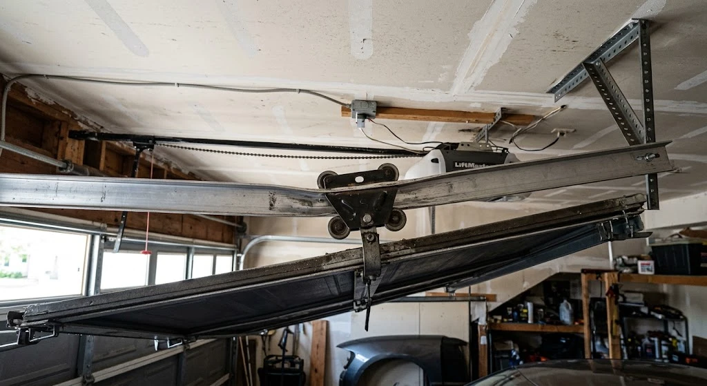 Garage door track and roller alignment along the opener rail