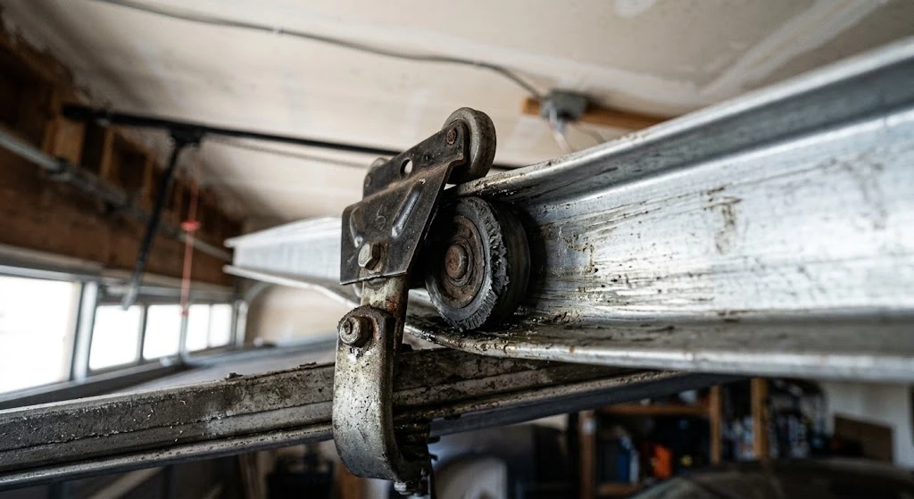 Garage door opener trolley connector arm attached to the door panel