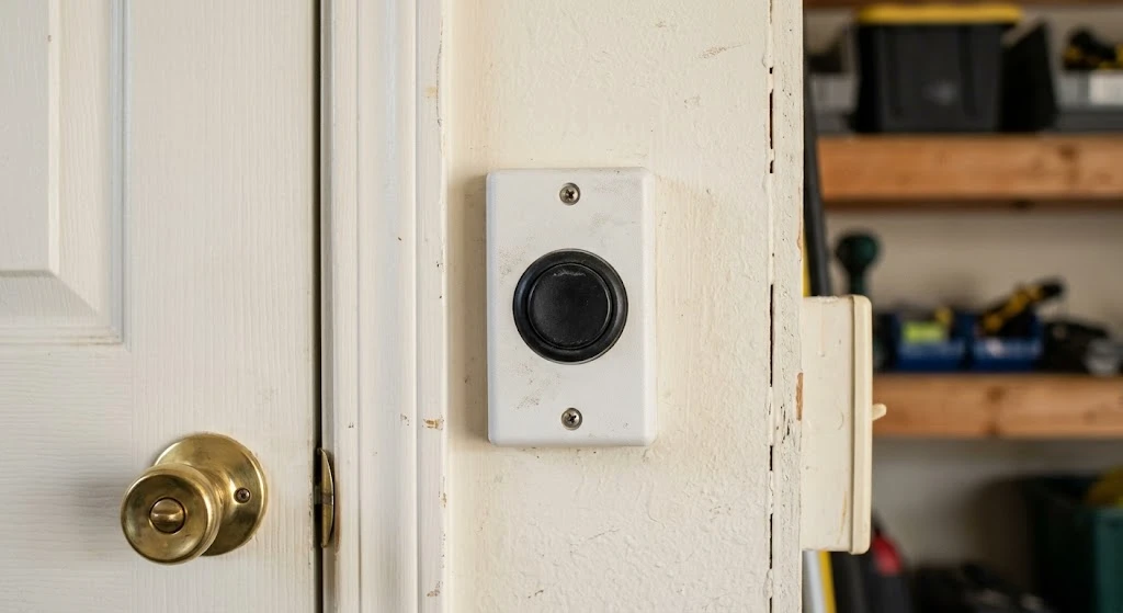 Plastic wall-mounted garage door push button next to interior door