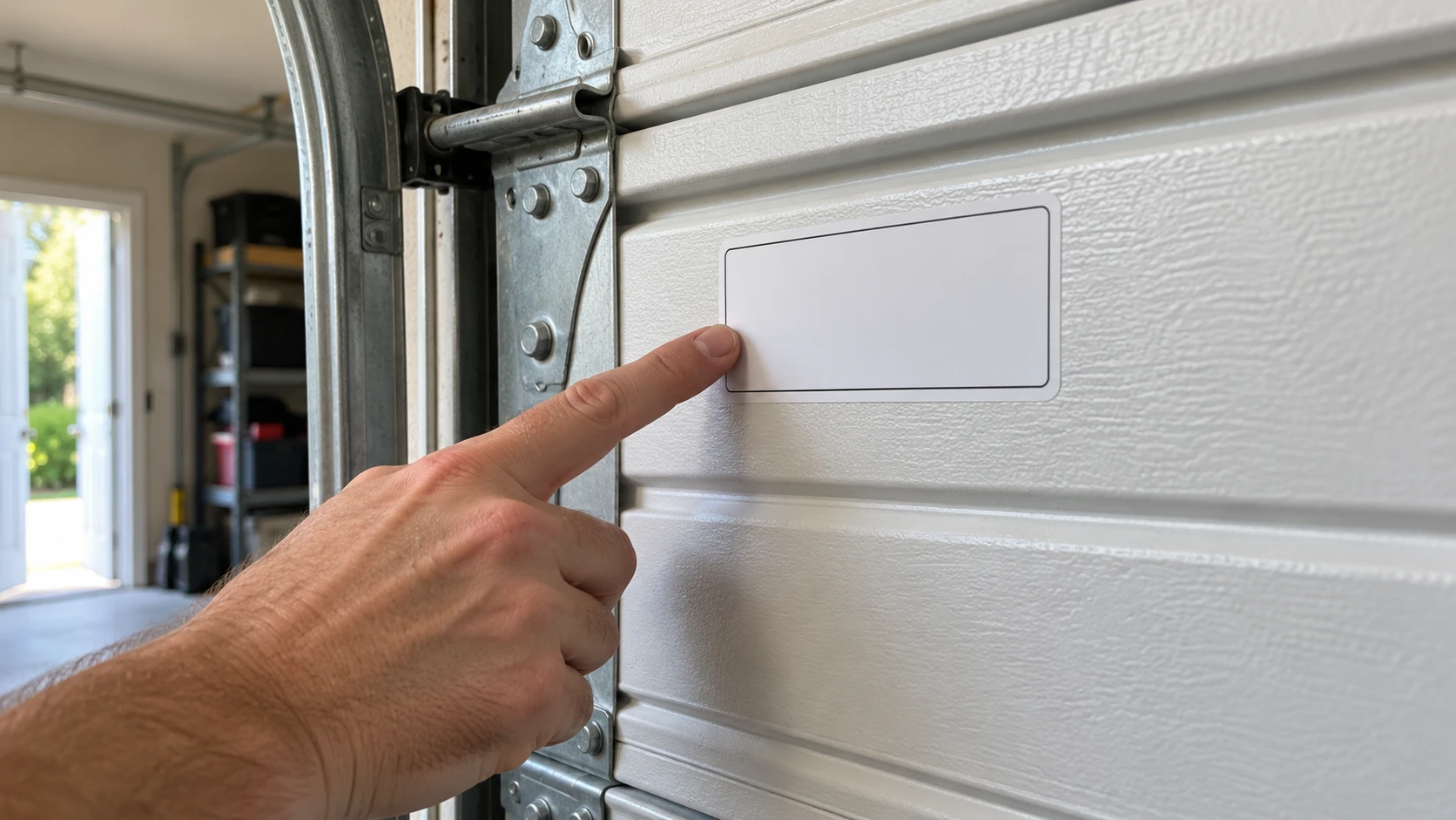 Hand pointing to the manufacturer specification label on the inside panel of a garage door