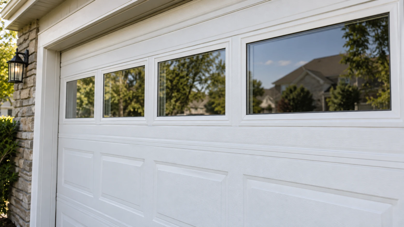 White sectional garage door with a row of rectangular windows in the top section