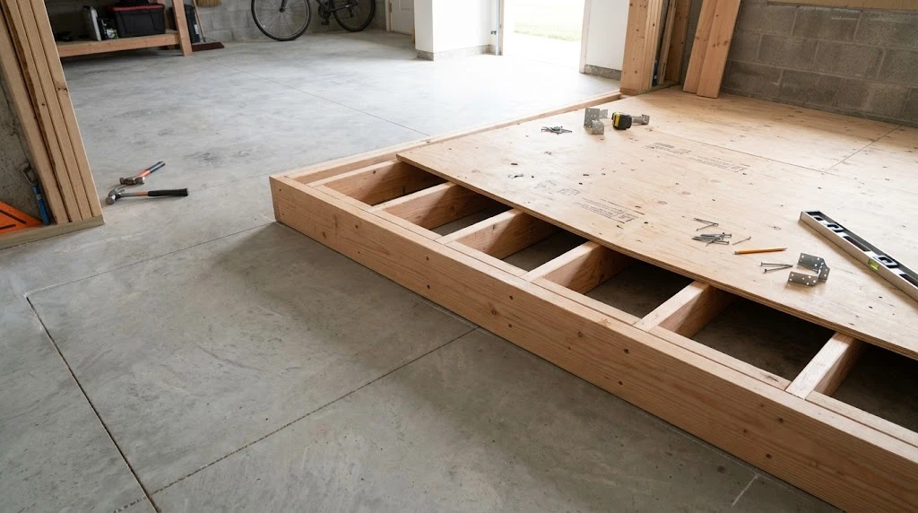 Garage concrete floor next to a wood-framed subfloor platform built up to interior floor height