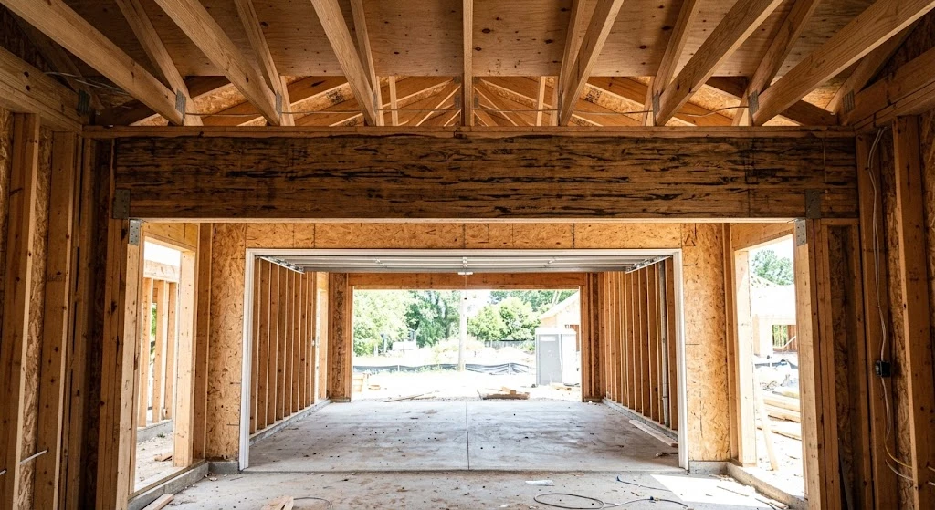 Wood framed garage door opening under construction with header beam