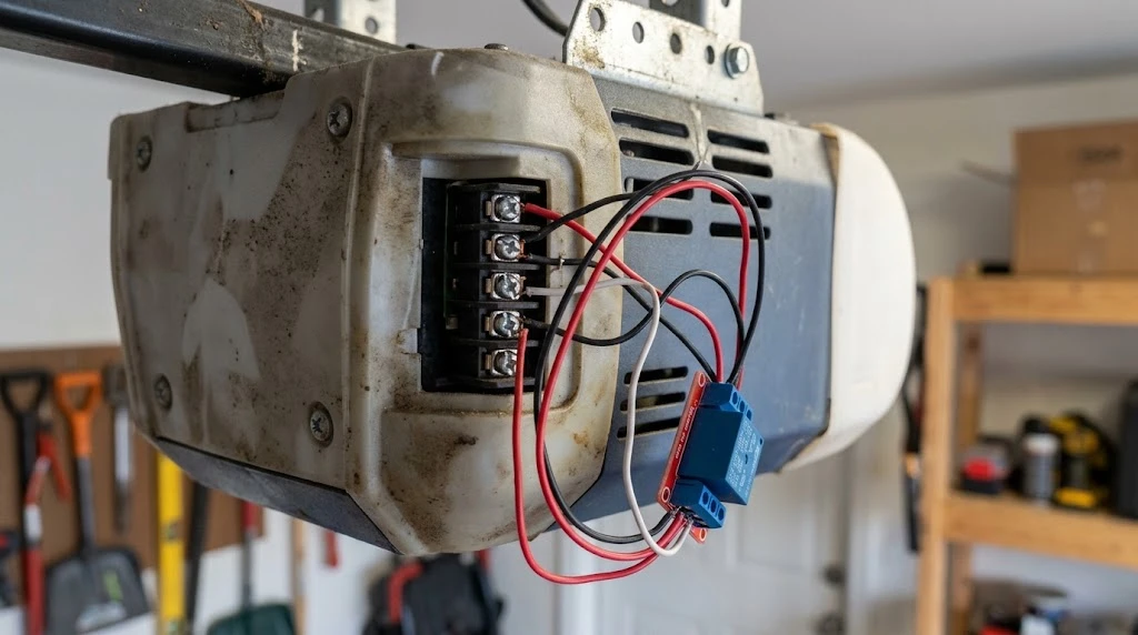 Garage door opener accessory terminals with a relay module wired in