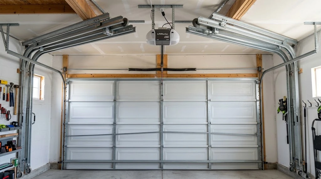 Wide garage opening divided by a center support post into two separate door sections