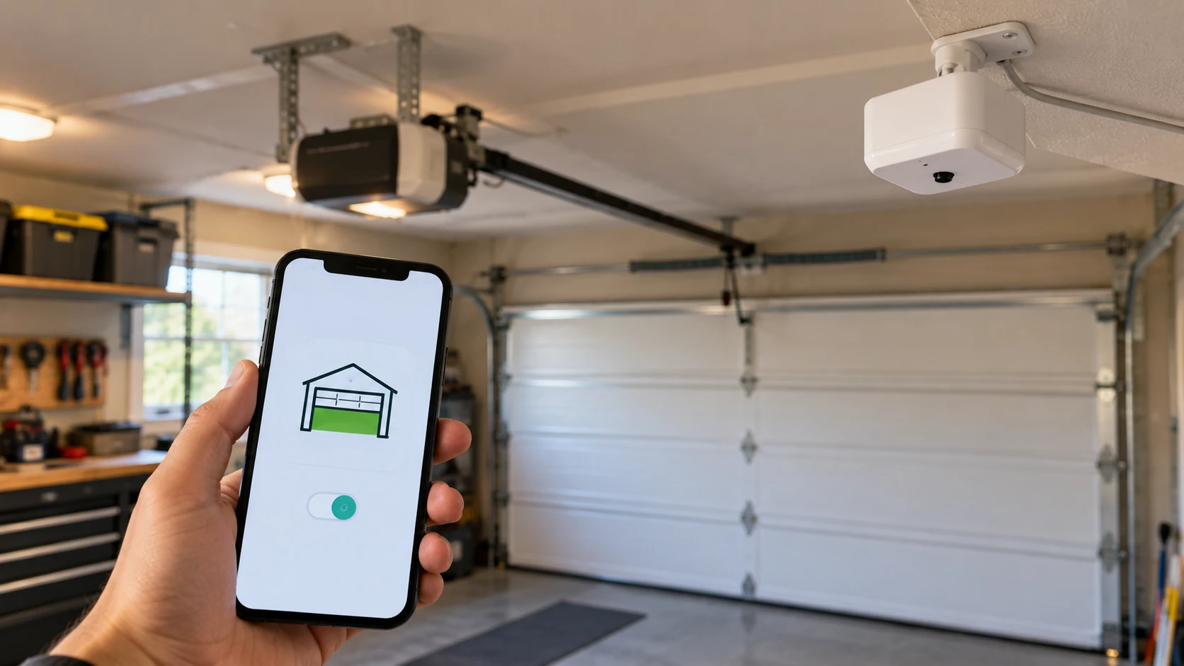 GarageDoorBuddy Monitor mounted in a garage with a phone showing the door status app