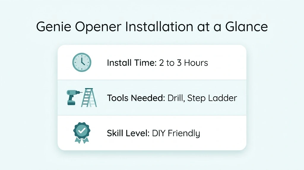 Genie garage door opener installation overview showing install time, tools needed, and DIY skill level