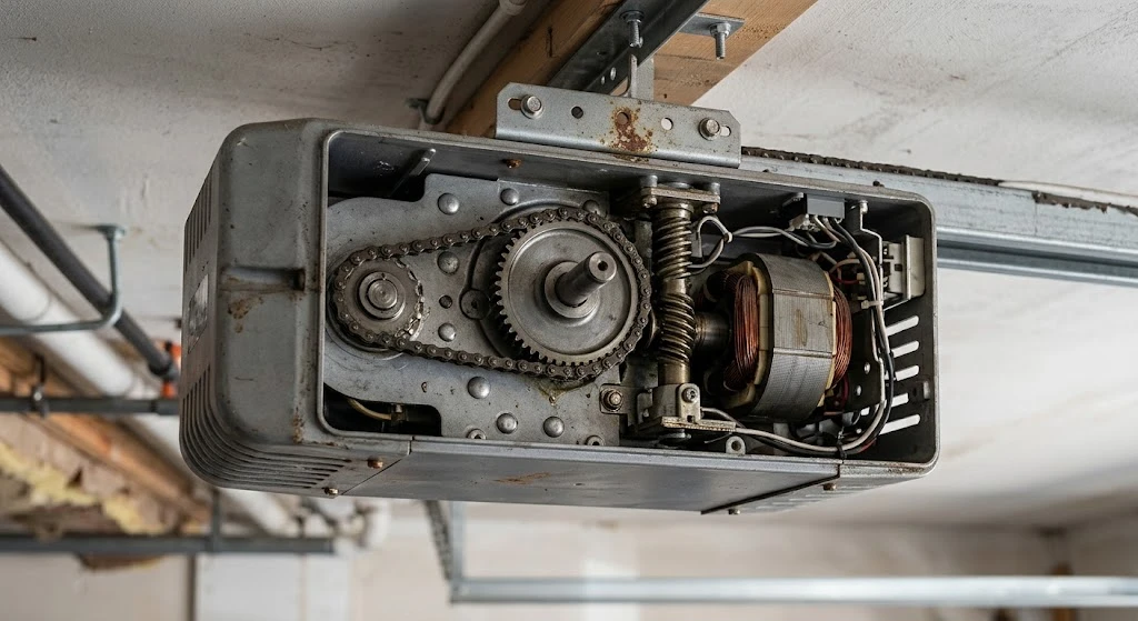 Genie Garage Door Opener Humming Sound: 5 Causes and Fixes 2 Garage door opener motor housing open showing internal drive mechanism