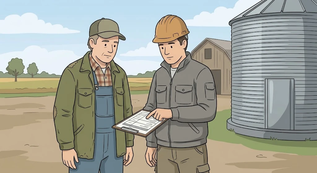 Garage Door in a Grain Bin: What It Takes to Install One 7 Farmer and contractor discussing a grain bin door cost estimate