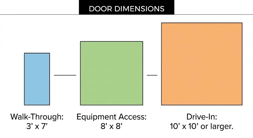 Garage Door in a Grain Bin: What It Takes to Install One 5 Infographic comparing walk-through, equipment access, and drive-in door sizes