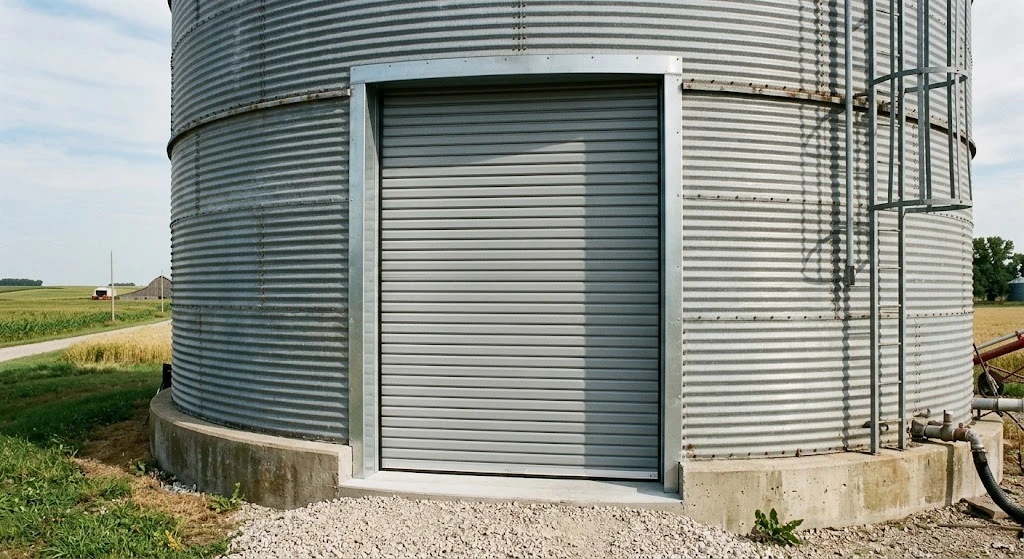 Garage Door in a Grain Bin: What It Takes to Install One 3 Clean steel roll-up door installed on a grain bin wall