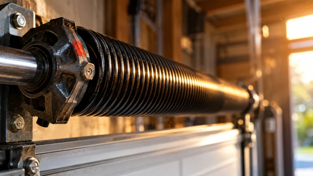 Best Garage Door Torsion Springs (2026 Picks by Cycle Life) 6 Heavy-duty high-cycle garage door torsion spring mounted on its shaft with thick wire coils