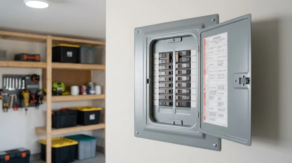 How Much Electricity Does a Garage Door Opener Use? 5 Home electrical breaker panel with the cover open showing circuit breaker switches