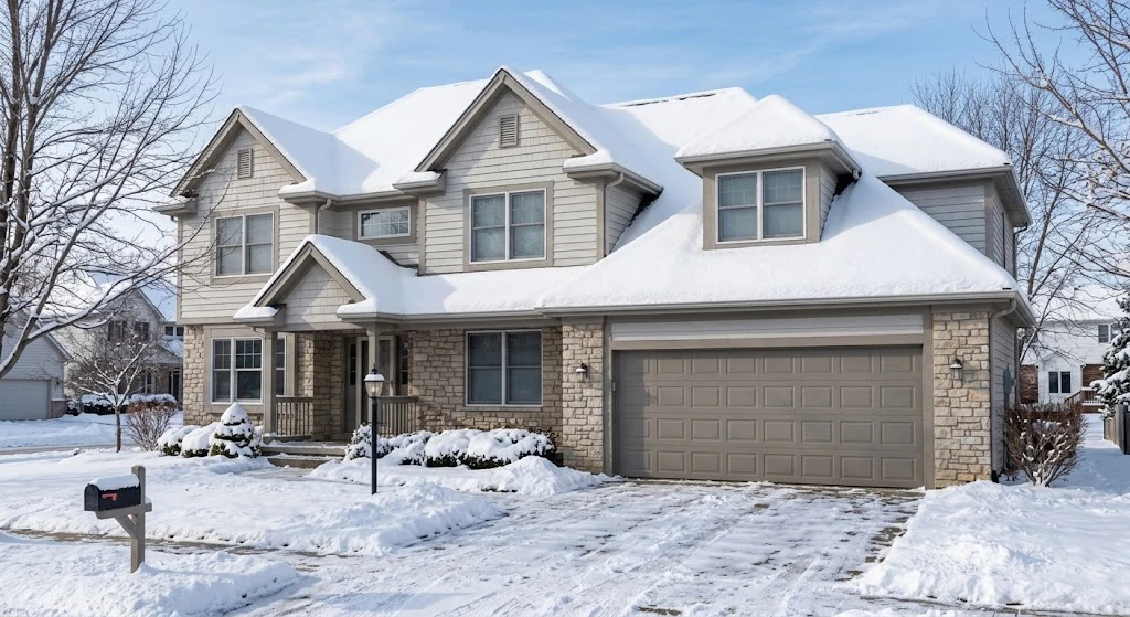 House exterior with snow-covered roof and garage door