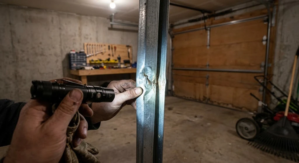 inspecting bent garage door track with flashlight