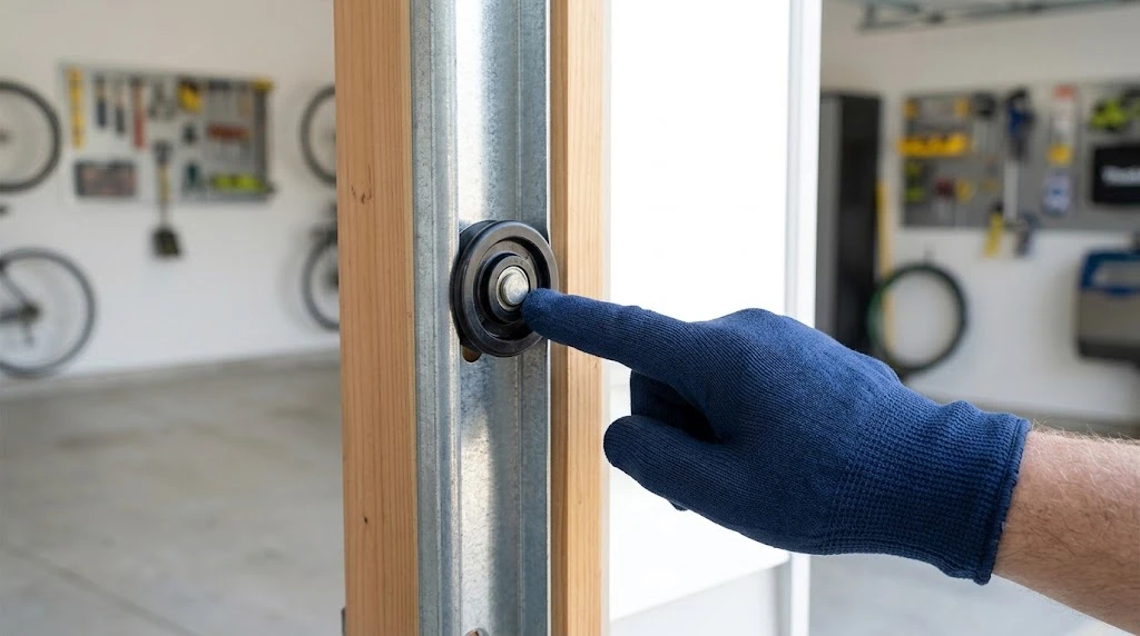 Hand inspecting a garage door roller and metal track for alignment and wear