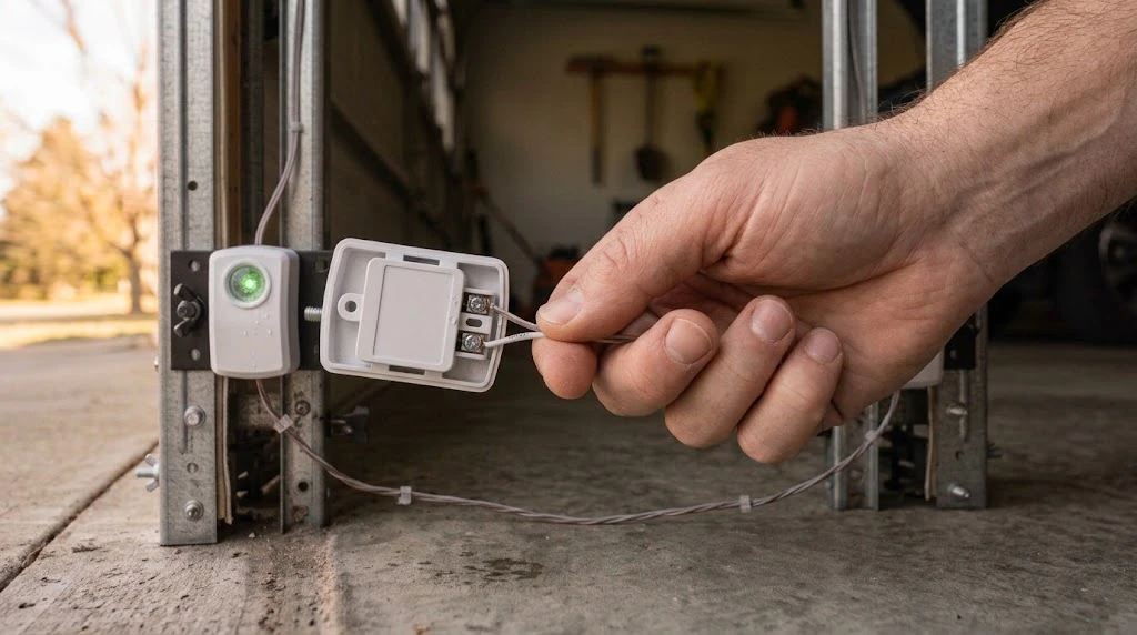 How to Fix a Garage Door Sensor (All Brands, 2026) 9 Hand inspecting the wire connection on a garage door safety sensor