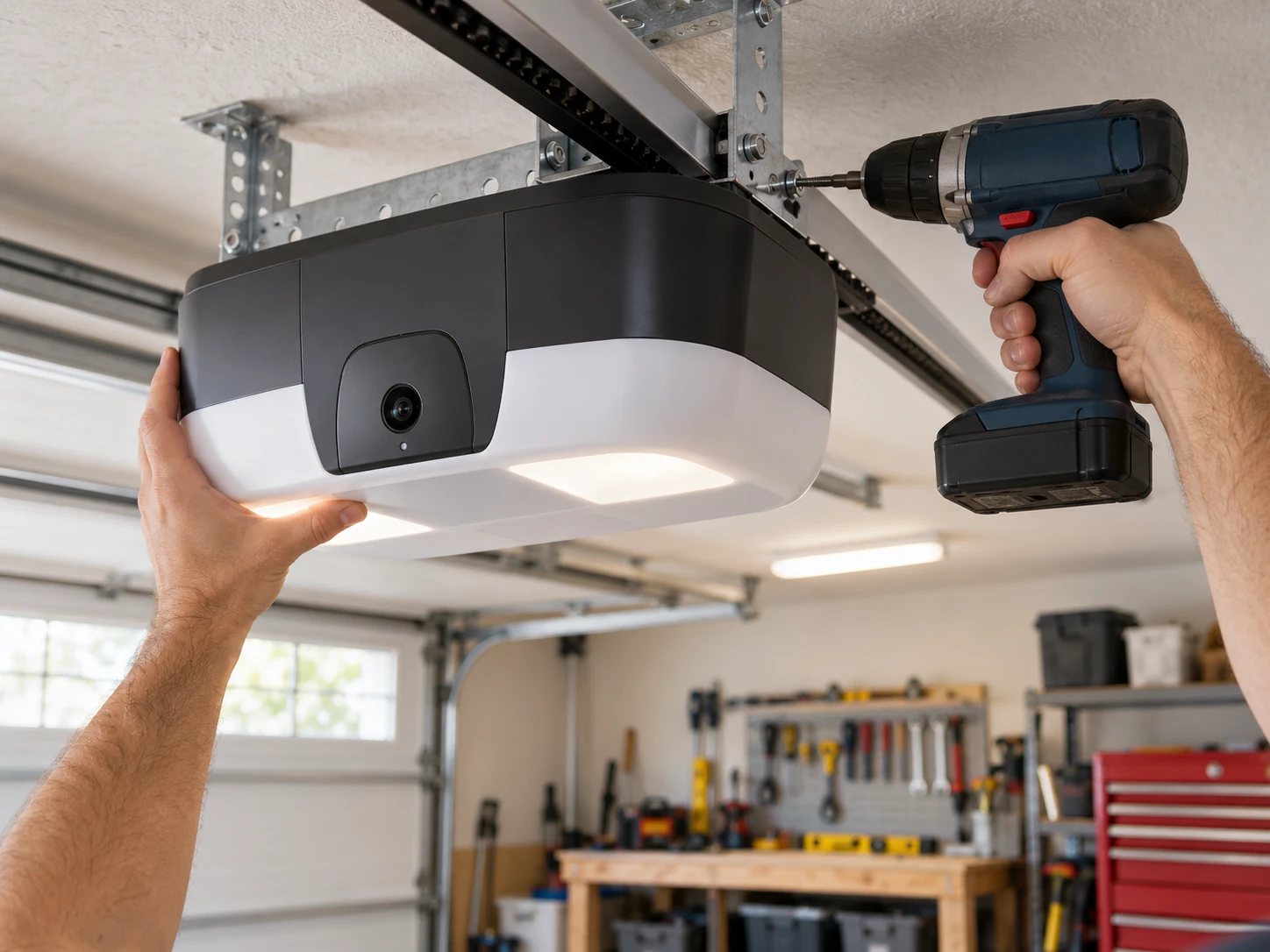 Best Garage Door Opener With Camera (2026 Picks) 7 Hands using a cordless drill to install a garage door opener with a built-in camera onto the ceiling track
