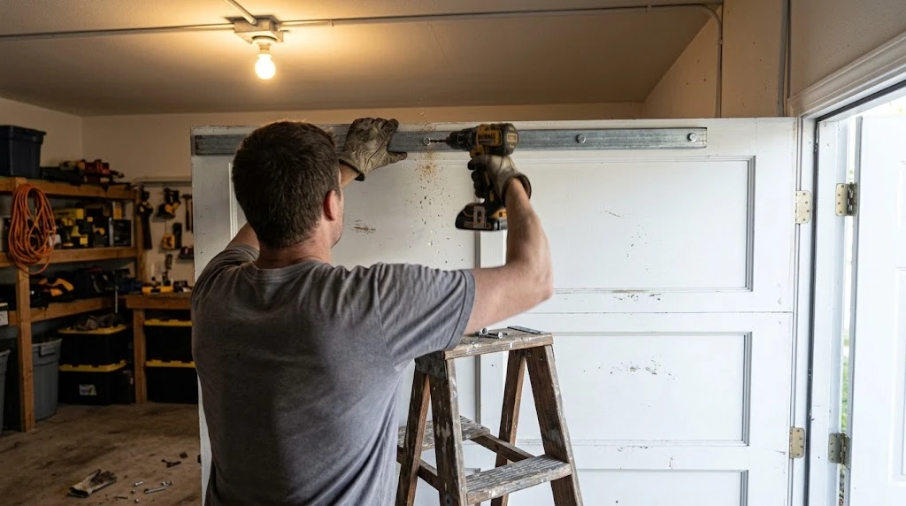 Person on a ladder using a power drill to bolt a horizontal reinforcement strut across a garage door panel