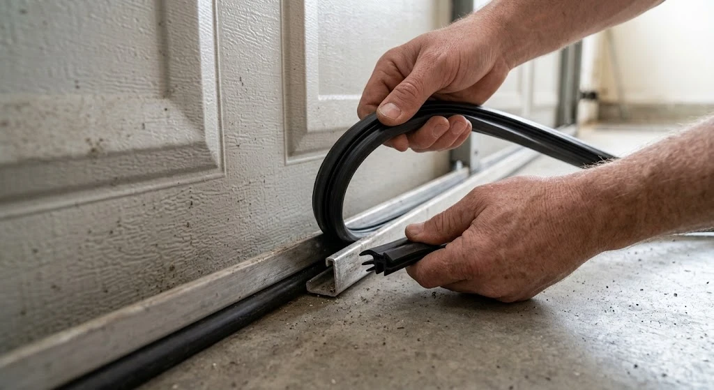 Best Garage Door Seal for an Uneven Floor (2026 Guide) 12 Feeding a new rubber bottom seal into the garage door track
