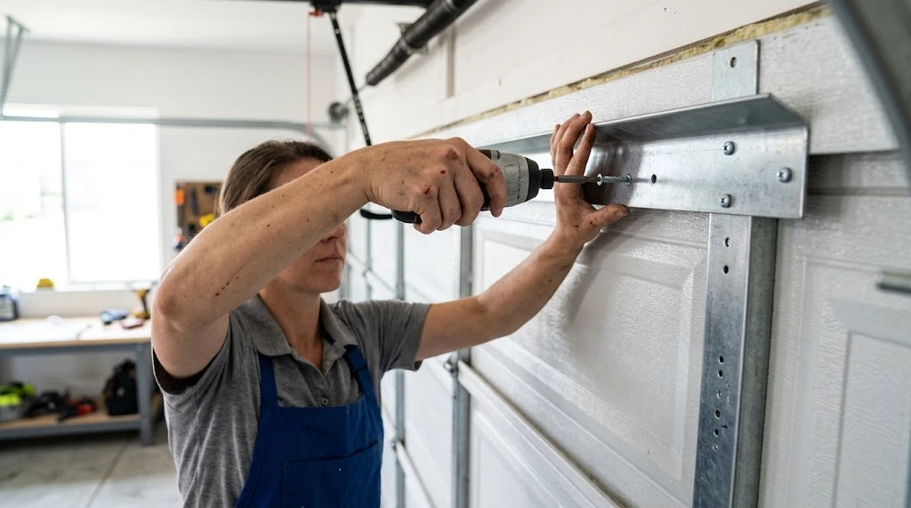 Hands installing a metal reinforcement strut bracket across the top panel of a garage door
