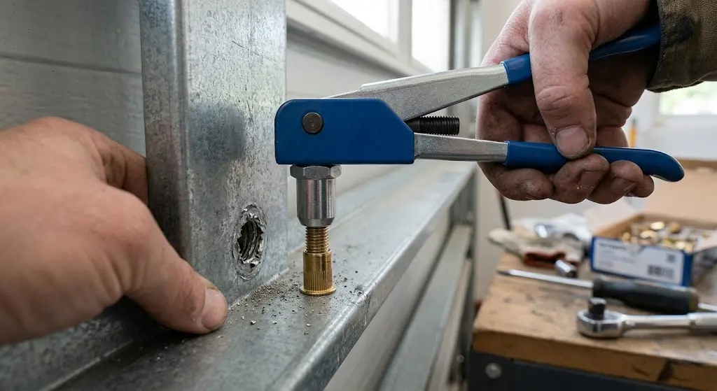 What to do when Garage Door Opener Screws Pulled out of Door 4 installing rivet nut nutsert in stripped garage door screw hole