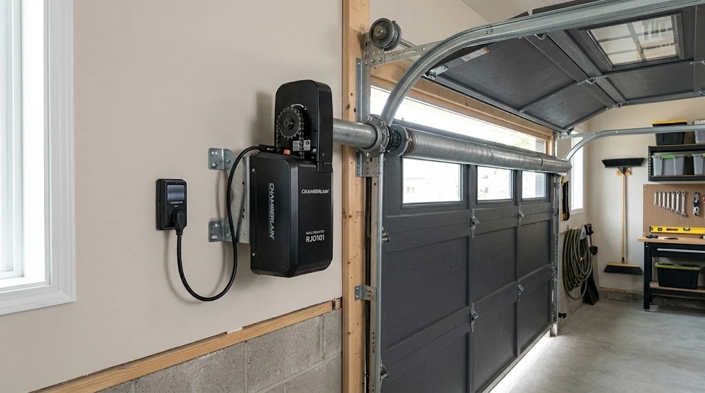 Jackshaft-style garage door opener mounted on the wall beside the door track instead of overhead