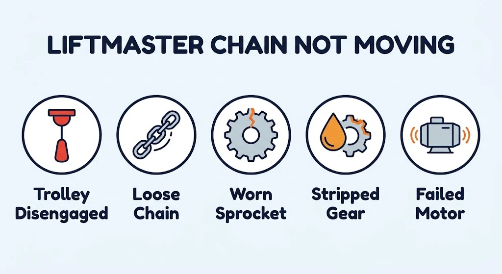 infographic showing 5 causes of LiftMaster chain not moving